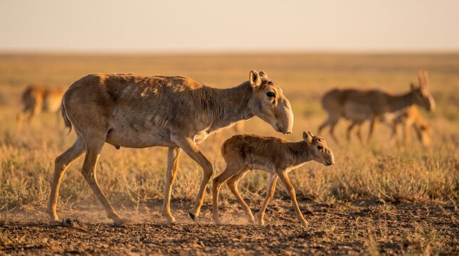 saiga antelope (saiga tatarica) moving across the steppe