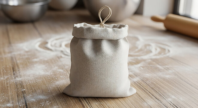 Fabric flour sack mockup with drawstring, blank spaces for text mockup, blank spaces for text
