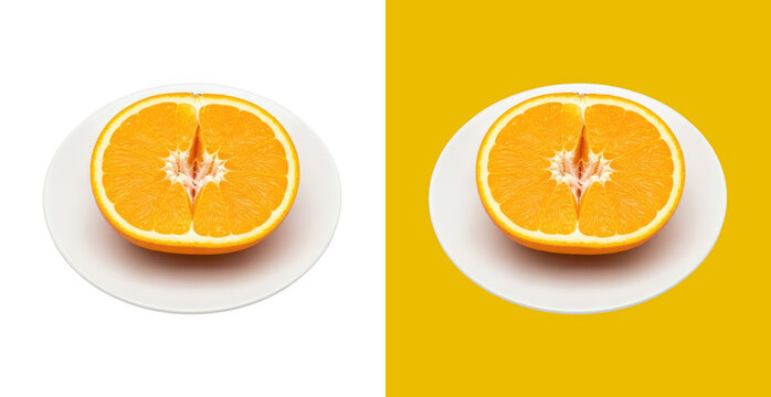 Fresh orange fruit half slice served on a round ceramic plate for a healthy lifestyle and delicious breakfast food concept