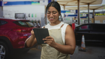 Woman wearing apron tapping a tablet at a gas station pump, smiling and checking orders on a handheld device  calm focus service. © Krakenimages.com