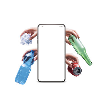 Smartphone with Blank Screen Mockup Surrounded by Hands Holding Recyclable Waste for Recycling App Concept
