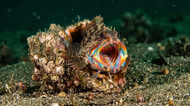 sarcastic fringehead (neoclinus blanchardi) with its mouth wide open