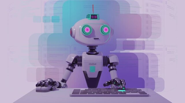 3d animation loop of a futuristic artificial intelligence chatbot working at a workstation. Cybernetic robot typing on keyboard against UI message bubbles, representing automated support systems.