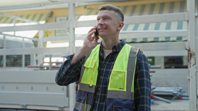 Man in yellow hi vis vest and plaid shirt holding smartphone to ear, smiling and looking up beside scaffolding and stacked metal pipes at building site; confidence.