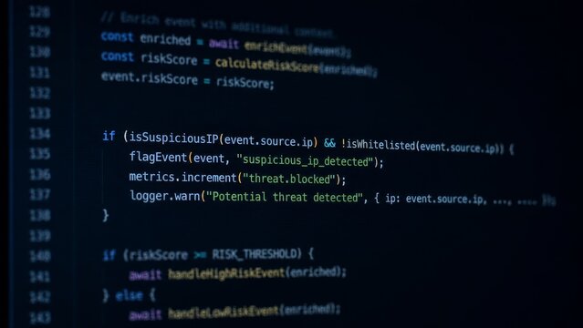 Computer Programming Code and Cybersecurity Software Development on Dark Screen