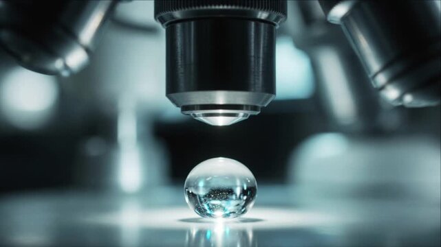 Cinematic skincare serum laboratory background focus detail highlight clear glass drop micro liquid reflection modern clean glow future macro microscope lens focus scientific research technology