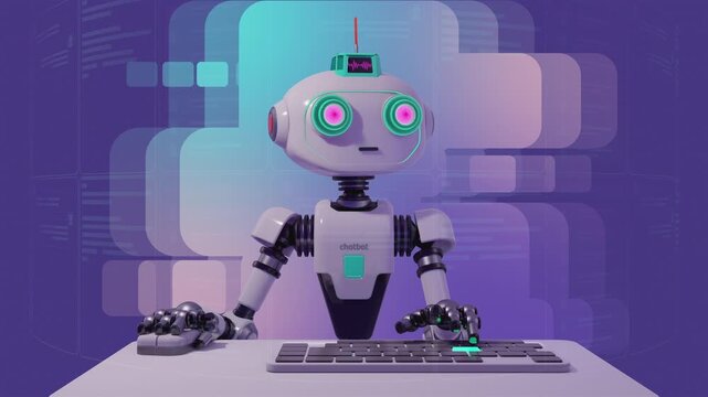 3d animation loop of a futuristic artificial intelligence chatbot working at a workstation. Cybernetic robot typing on keyboard against UI message bubbles, representing automated support systems.
