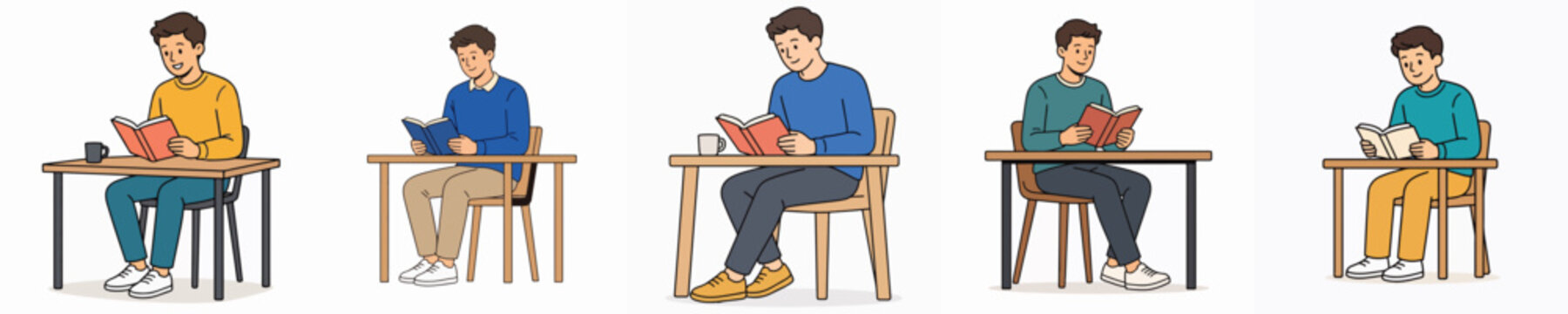 Vector set of a young person reading a book in a rocking chair.