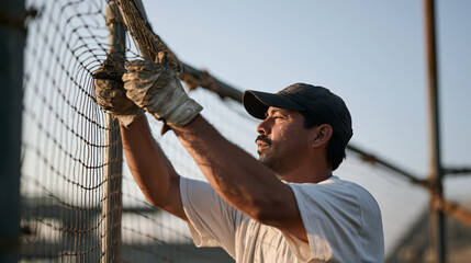 Fototapeta premium Early morning mist curls around a batting cage net as a groundskeeper in worn gloves stretches new protective mesh across steel poles, sweat on brow despite cool dawn air,