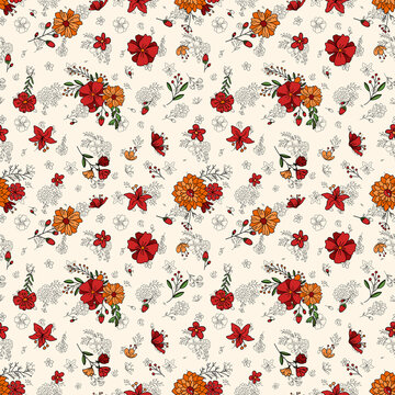 Seamless vintage floral pattern with vibrant red and orange blossoms