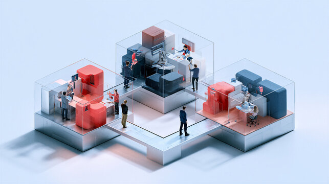 Isometric cutaway of glass office pods with tiny workers