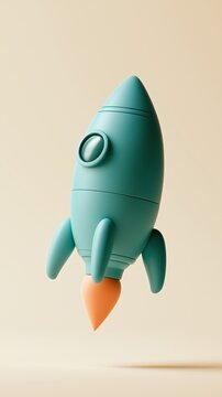 A playful 3D illustration of a turquoise rocket ship flying upwards with a bright orange flame, featuring a clean minimalist design on a neutral background.