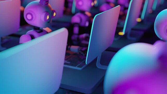 Seamless 3d animation loop of an array of futuristic artificial intelligence operators. Endless grid of cybernetic androids working at computer terminals in a massive automated data processing center.