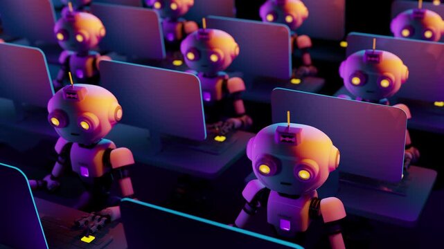 Seamless 3d animation loop of an array of futuristic artificial intelligence operators. Endless grid of cybernetic androids working at computer terminals in a massive automated data processing center.