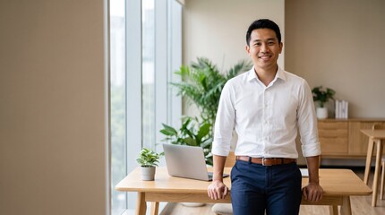 Fototapeta premium Confident Southeast Asian businessman standing in a modern office