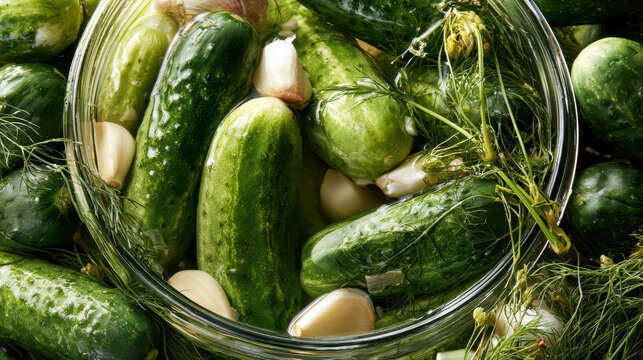Homemade canned preserves and pickled vegetables in jars. Fresh cucumbers, garlic cloves, and dill in glass jar for home canning pickles, close-up view of preserves