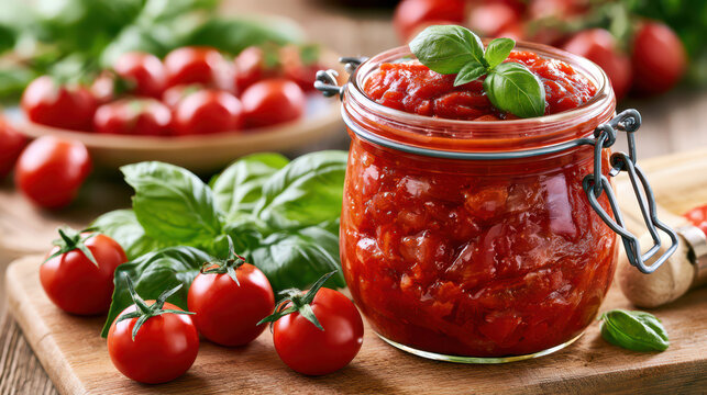 Homemade canned preserves and pickled vegetables in jars. Glass jar filled with homemade tomato sauce surrounded by fresh tomatoes and basil leaves on wooden table
