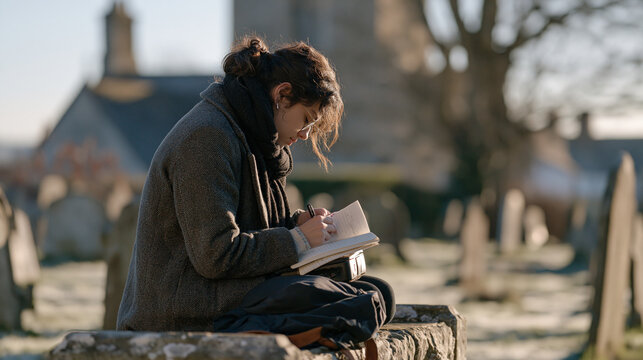 A court reporter with reading glasses sits alone in a frost covered rural churchyard on a stone bench, transcribing notes from a December inquest, the solitary professional
