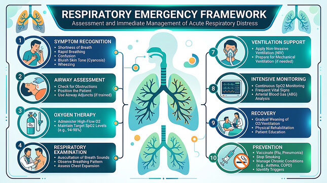 Respiratory emergency framework infographic, medical assessment and management of acute respiratory distress, clinical lung care guide