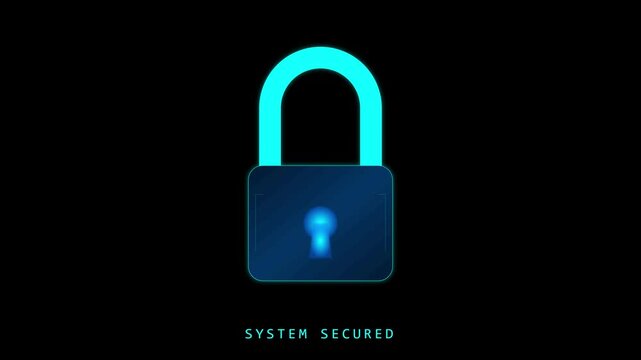 Glowing neon cyan padlock icon representing cyber security data protection internet safety encryption and system secured concept on dark background banner
