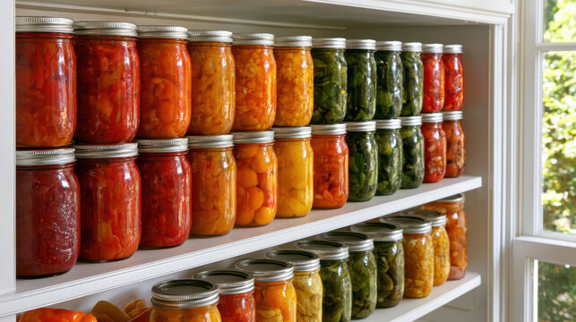 Homemade canned preserves and pickled vegetables in jars. Colorful home canning jars filled with pickled vegetables and fruits arranged neatly on shelves in a bright kitchen