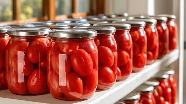 Homemade canned preserves and pickled vegetables in jars. Home canning jars filled with red tomatoes arranged neatly on a shelf in a bright kitchen setting
