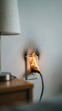Dangerous electrical socket fire starting on wall near nightstand lamp with electrical electricity emergency malfunction incident defective residential accident connection overload interior