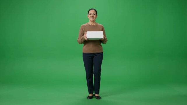 Young woman holding a white box in front of a green screen, smiling.