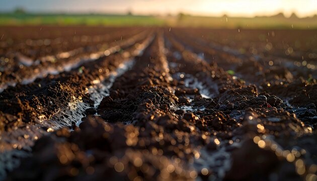 Freshly plowed agricultural field under rain during golden sunset