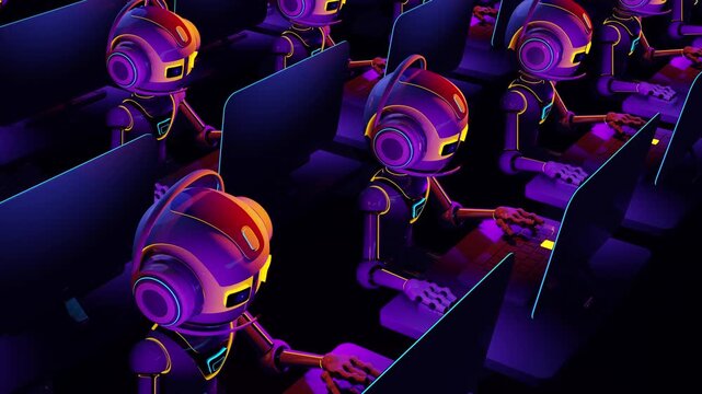 Seamless 3d animation loop of an array of futuristic artificial intelligence operators. Endless grid of cybernetic androids working at computer terminals in a massive automated data processing center.