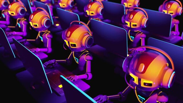 Seamless 3d animation loop of an array of futuristic artificial intelligence operators. Endless grid of cybernetic androids working at computer terminals in a massive automated data processing center.