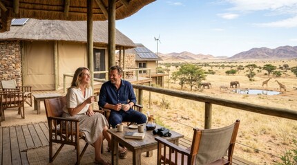 Obraz premium Couple enjoying coffee on a safari lodge balcony with wildlife viewing