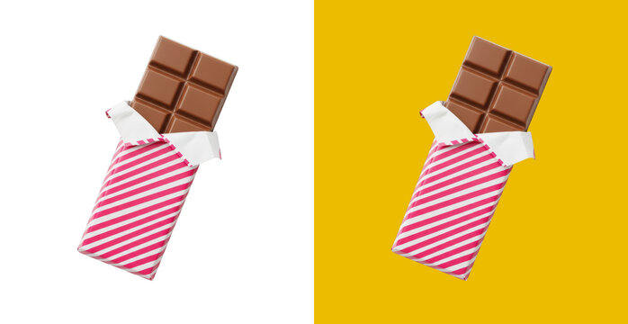 Pixel art chocolate bar with a pink striped wrapper for a retro video game design element or digital snack icon graphic