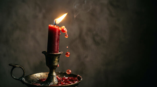 Close-up of a burning red candle on a dark background with melted wax and flickering flame