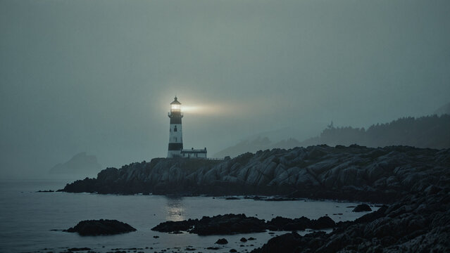 A coastal lighthouse glowing with light beam on a rocky shore in heavy fog