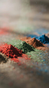 Colorful pigment powder piles on natural surface with colorful artistic creative materials multicolor particle spectrum supplies pigmented artistry abstract material