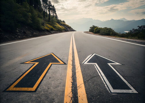 Two arrows painted on an asphalt road leading in opposite directions representing a choice or travel decision