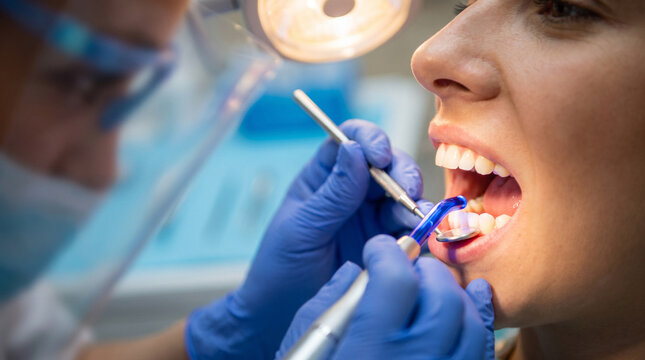 Close-up of dentist using dental tools and mirror on female patient during oral health examination