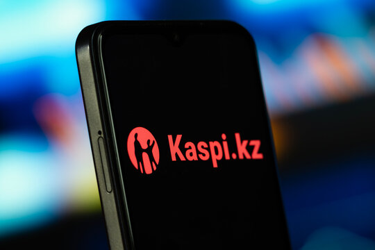 Almaty, Kazakhstan- 8 July 2026: Kaspi.kz logo is seen on a smartphone.