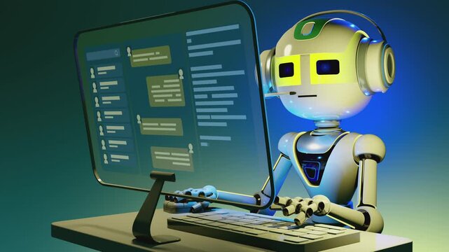 Seamless 3d loop of a futuristic artificial intelligence operator with headset. Cybernetic robot working at transparent HUD screen workstation, operating automated customer support interface.