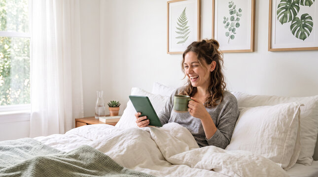 Young woman reading e-book on tablet reader in bed. Female relaxing with hot drink while reading an electronic book in cozy room. Mental health recovery, Personal growth. Hobby, Leisure time alone