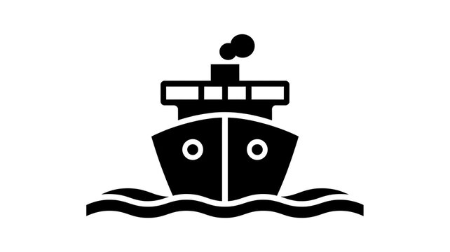 Black cargo ship icon on ocean waves