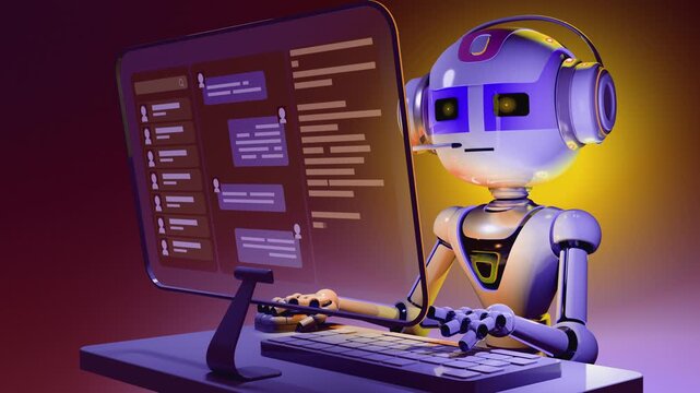 Seamless 3d loop of a futuristic artificial intelligence operator with headset. Cybernetic robot working at transparent HUD screen workstation, operating automated customer support interface.