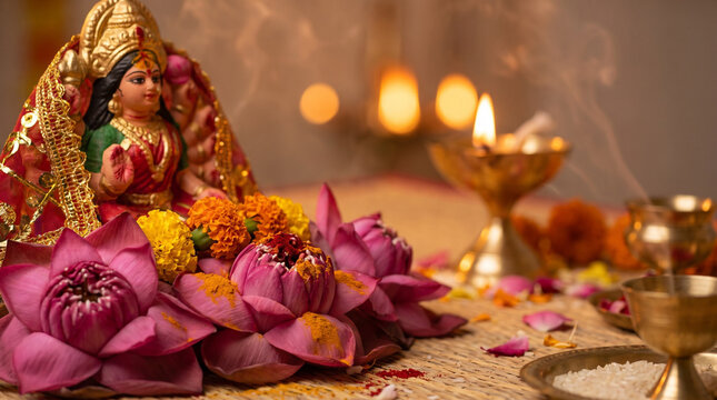 Lotus Flowers Before Goddess Durga During Durga Puja