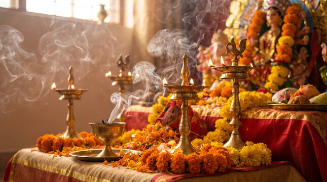Brass Oil Lamps Burning Before Durga Puja Altar
