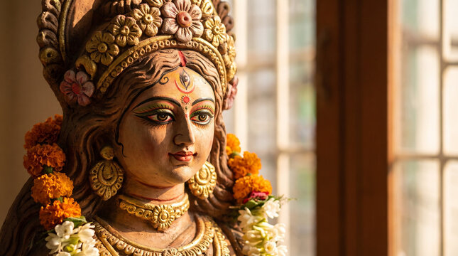 Title: Close Up of Traditional Goddess Durga Idol Face