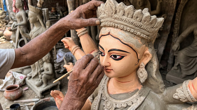 Artisan Painting the Eyes of a Clay Durga Idol During Chokkhu Daan