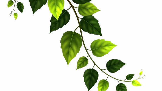 Green hanging vine with lush leaves, realistic botanical branch illustration on white background, decorative foliage for nature design