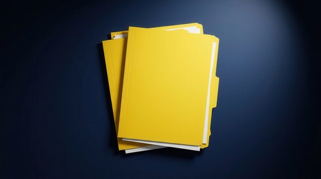Two yellow document folders on a dark blue desk under a spotlight, top view mockup for business template or report cover in an office workspace.