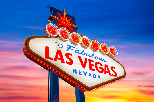 Welcome to Fabulous Las Vegas Sign. Logo Removed. The beautiful Sunset sky in the background. Las Vegas, Nevada, USA 07/07/2026
